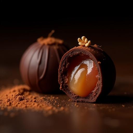 Primer plano de un bombón de chocolate artesanal con relleno líquido.