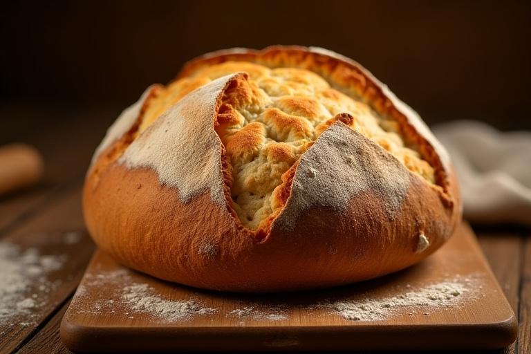Pan rústico recién horneado sobre una tabla de madera.